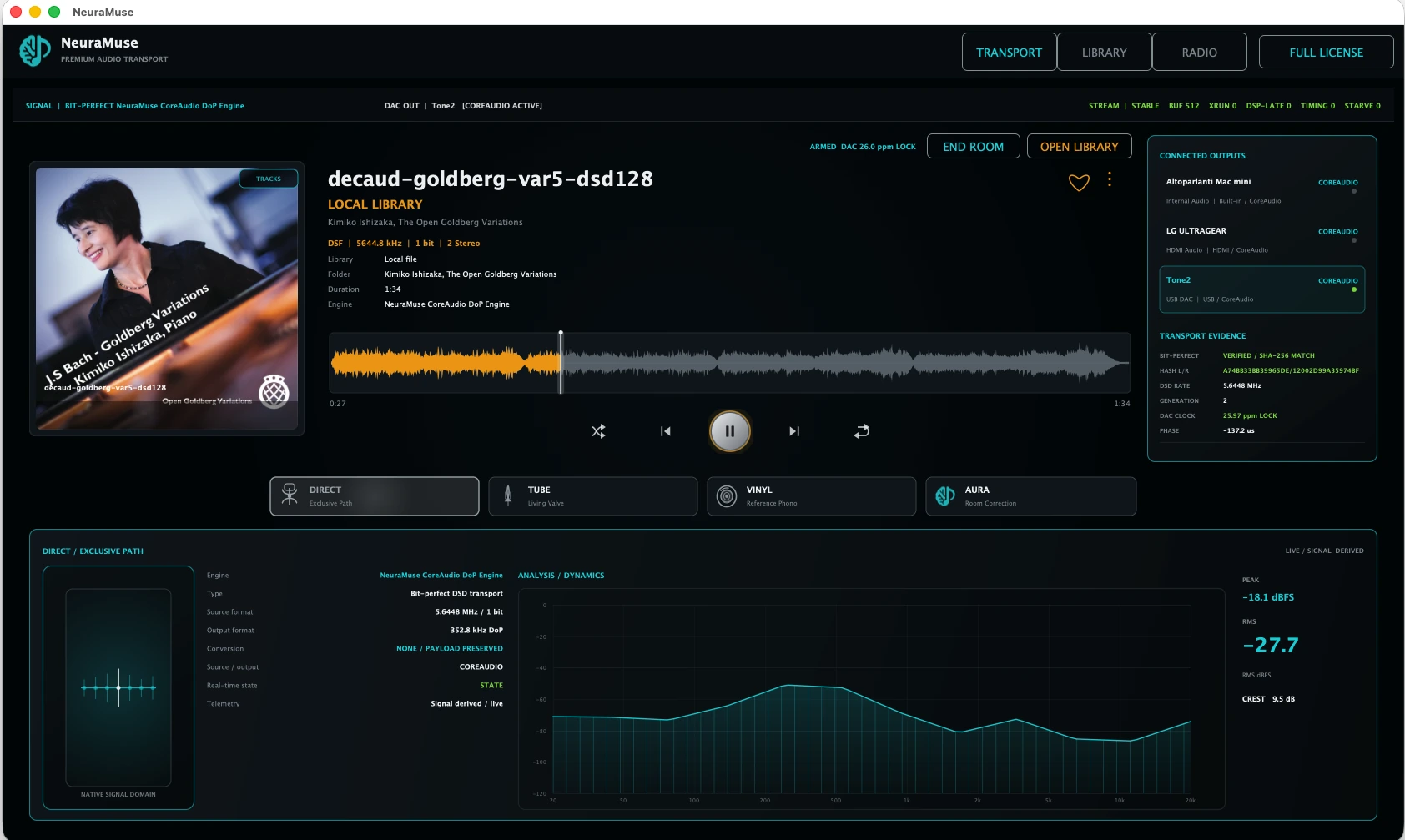 NeuraMuse on macOS playing DSD128 in DIRECT mode