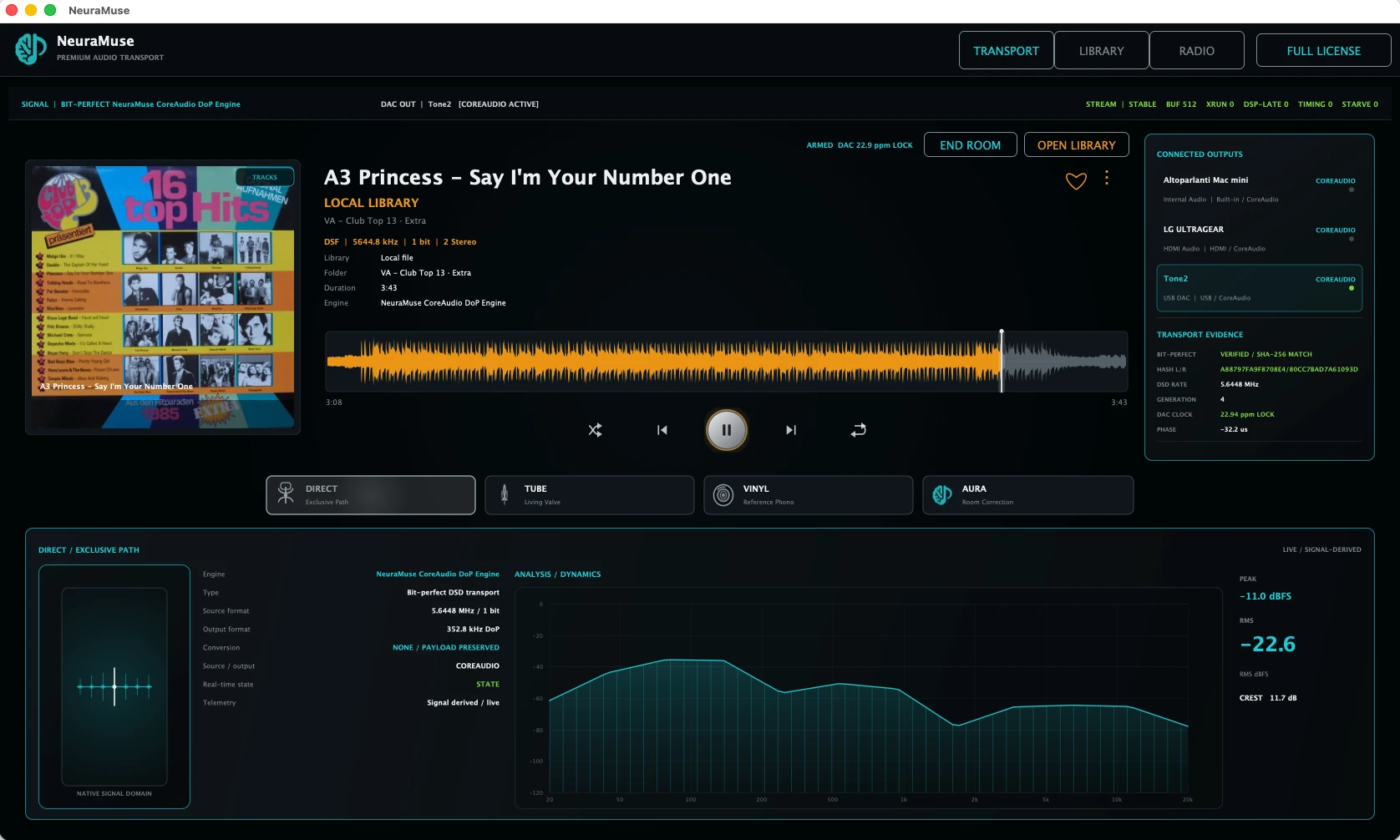 NeuraMuse showing VERIFIED SHA-256 MATCH at the end of a DSD track