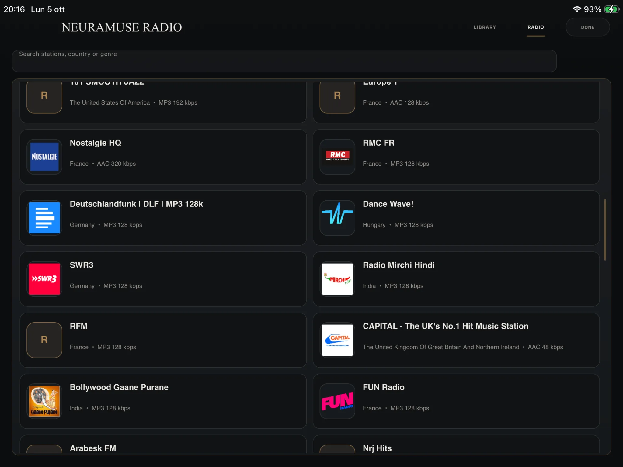 Elenco delle stazioni Radio Internet NeuraMuse su iPad