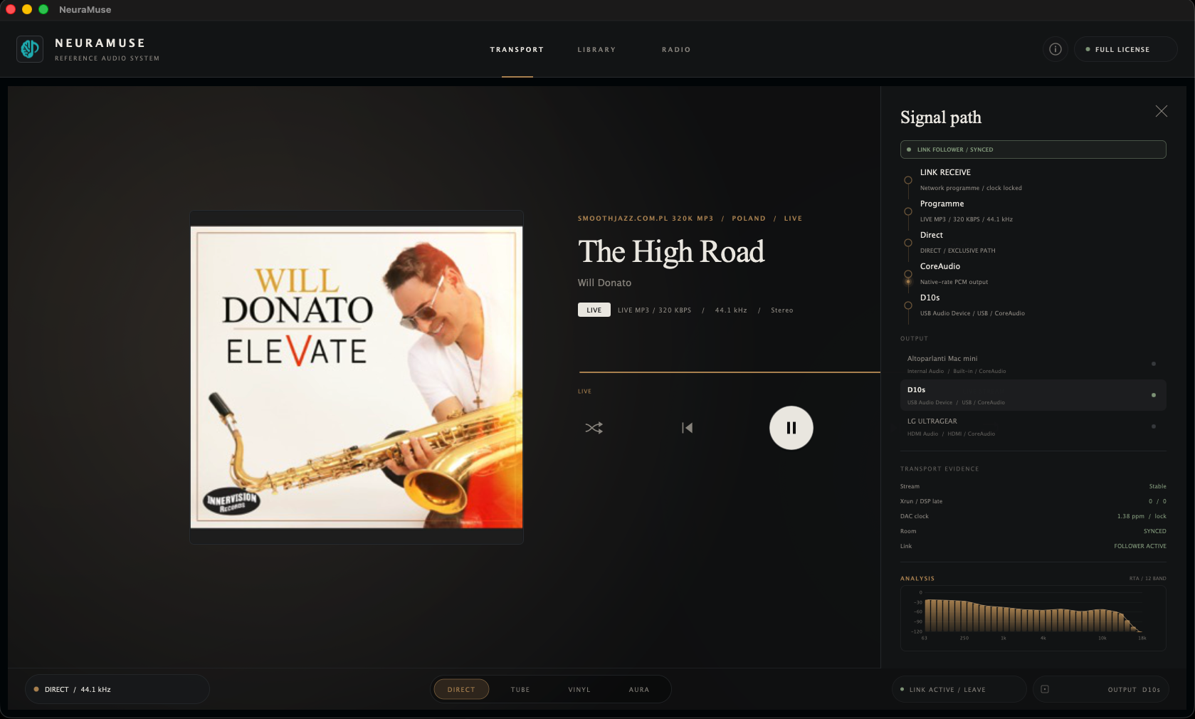 Endpoint LINK Radio su macOS con stato FOLLOWER / SYNCED e percorso del segnale