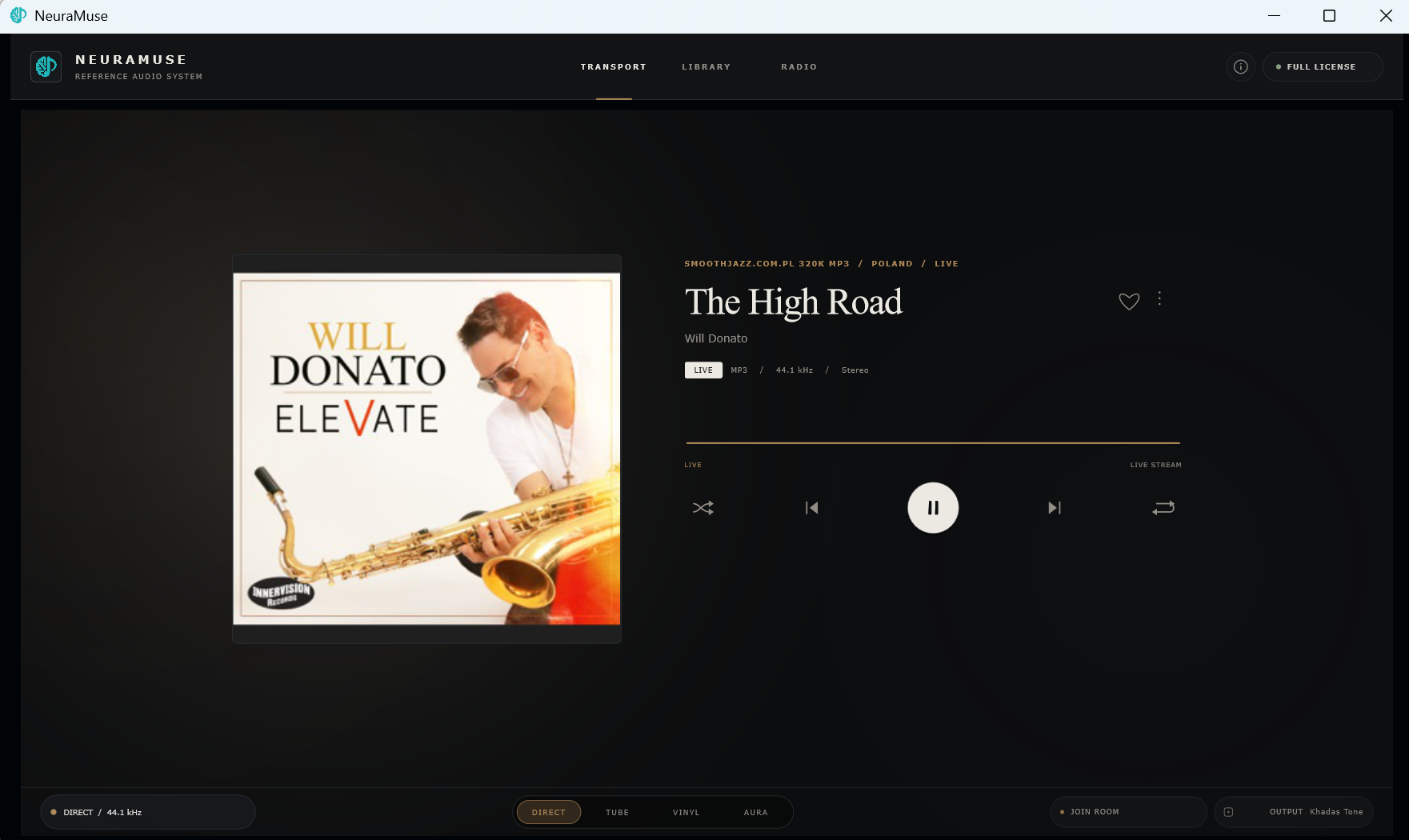 Current NeuraMuse transport on Windows playing Internet Radio
